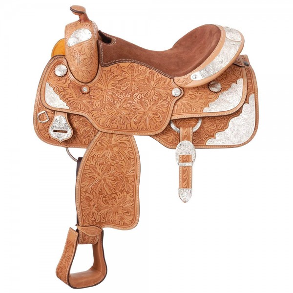 13â€³ Western Show Saddle Light Oil Tan Floral Tooling Full QH Bars + Matching Double Ear Silver Ferrule 3 Piece Tack Set